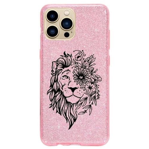 Coque Iphone 14 Plus Paillettes Rose Lion Fleur