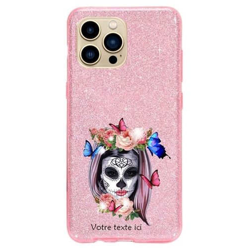 Coque Iphone 14 Plus Paillettes Rose Mort Calavera Papillon Personnalise