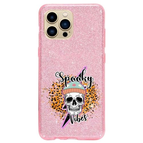 Coque Iphone 14 Plus Paillettes Rose Mort Tete Mort Leopard
