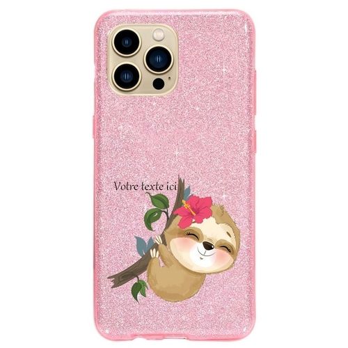 Coque Iphone 14 Plus Paillettes Rose Paresseux Kawaii