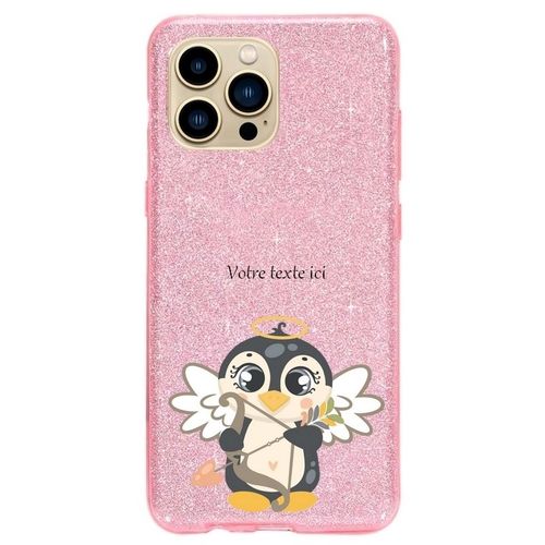 Coque Iphone 14 Plus Paillettes Rose Pingouin Cupidon