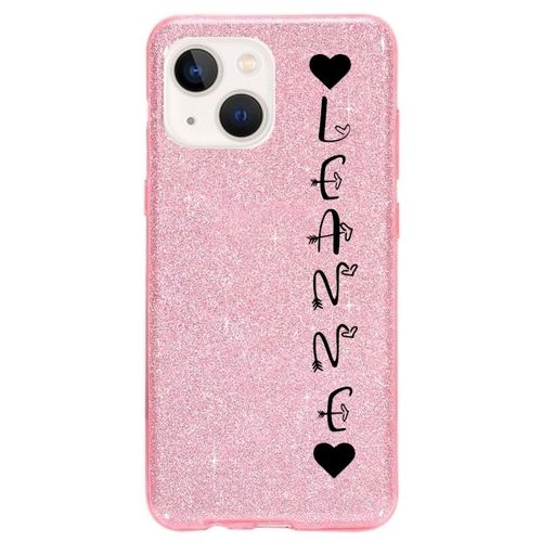 Coque Iphone 14 Plus Paillettes Rose Prenom Police 20 Coeur