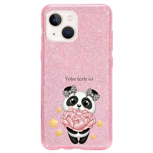 Coque Iphone 14 Plus Paillettes Rose Panda Fleur Personnalisee