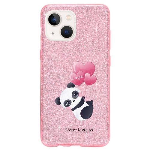 Coque Iphone 14 Plus Paillettes Rose Panda Ballon Personnalisee