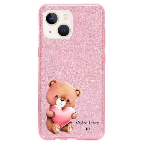 Coque Iphone 14 Plus Paillettes Rose Ourson Bear Coeur Personnalisee