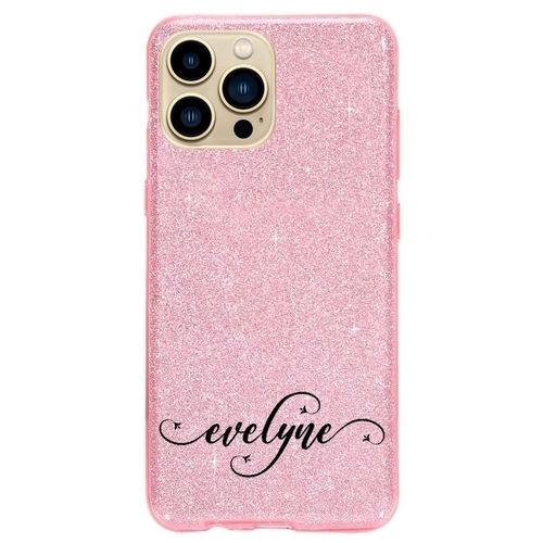 Coque Iphone 14 Plus Paillettes Rose Prenom 1 Fleur