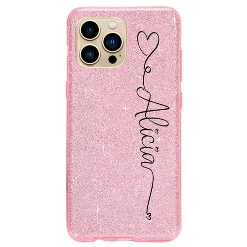 Coque Iphone 14 Plus Paillettes Rose Prenom Police 18 Coeur