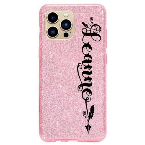 Coque Iphone 14 Plus Paillettes Rose Prenom Police 27 Plume Boho