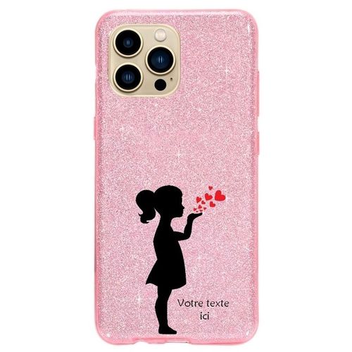 Coque Iphone 14 Plus Paillettes Rose Silhouette Coeur Texte