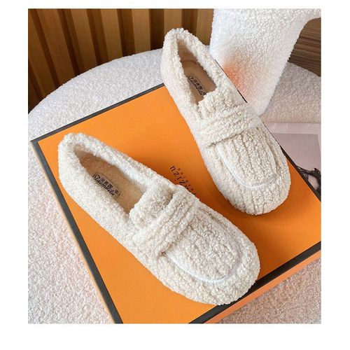 Mocassins En Laine D'agneau Pour Femmes,Chaussures En Coton Chaud,Mocassins À Enfiler,Parker Rond Pour Dames,Appartements En Fourrure De Mouton,Grande Taille 34-43,Hiver