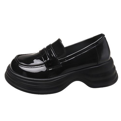 Chaussures Mocassins En Cuir Verni Noir Pour Femmeschaussures Plateforme Enfilersemelle Optique De Style Collègechaussures D'étudiant Pour Damesautomne