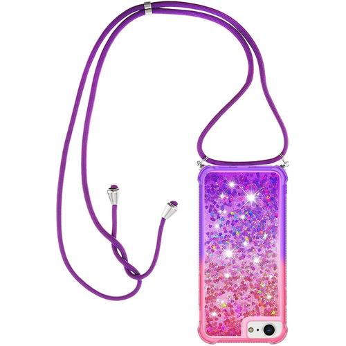 Collier Pour Iphone 6 / Iphone 6s Silicone Coque, Glitter Liquide Filles Femmes Étui Housse, Étincelle À Bandoulière Et Cordon Collier Avec Réglable Cordon Lanière Pochette, Rose & Violet