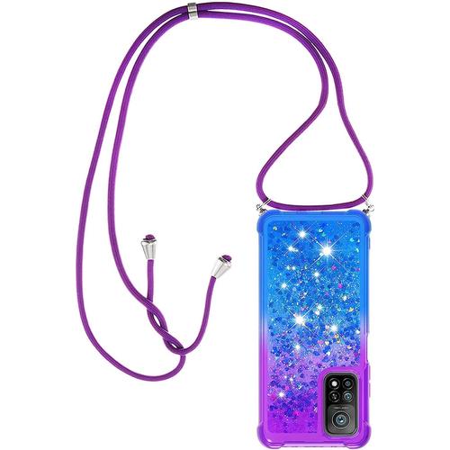 Collier Pour Xiaomi Mi 10t / 10t Pro Silicone Coque, Glitter Liquide Filles Femmes Étui Housse, Étincelle À Bandoulière Et Cordon Collier Avec Réglable Cordon Lanière Pochette, Violet & Bleu