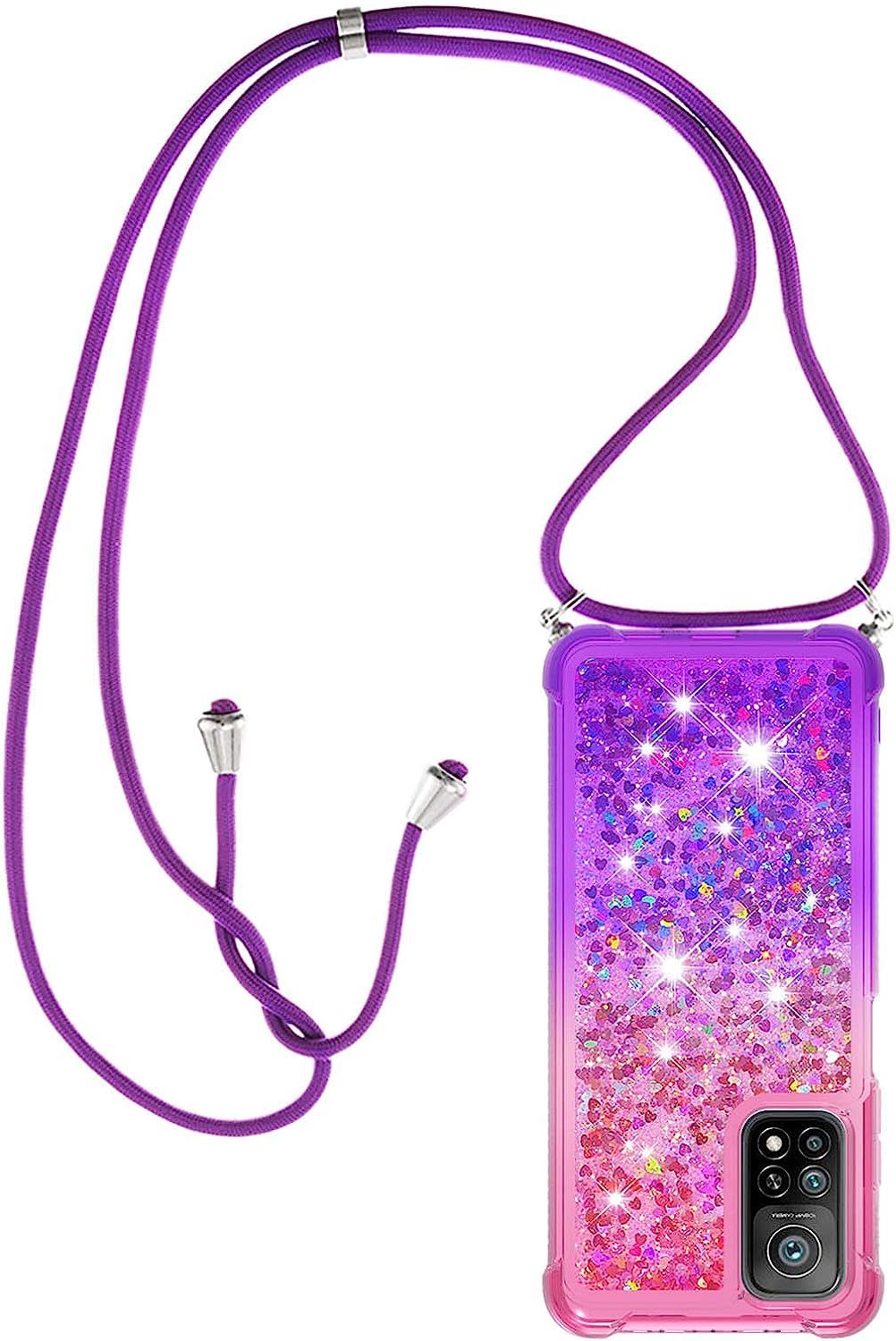 Collier Pour Xiaomi Mi 10t / 10t Pro Silicone Coque, Glitter Liquide Filles Femmes Étui Housse, Étincelle À Bandoulière Et Cordon Collier Avec Réglable Cordon Lanière Pochette, Rose & Violet