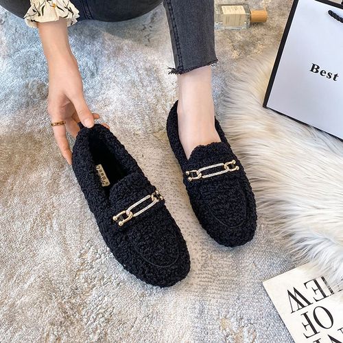 Mocassins En Laine D'encateau En Métal Cristal Pour Femmes,Chaussures D'hiver Chaudes,Bottes De Neige En Fourrure De Coton,Chaussures Bouclées,Grande Taille 43,600