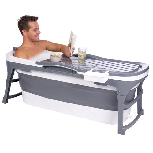 Hello Bath ® Pour se détendre dans votre propre baignoire pliable pour adultes - 140 x 63 x 53 cm - Baignoire pliante mobile - Petite salle de bain grise