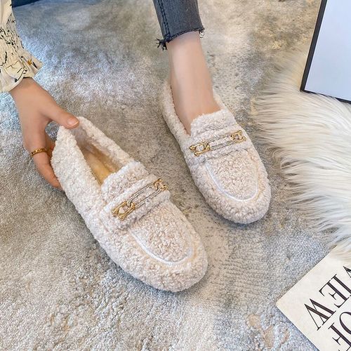 Mocassins En Laine D'encateau En Métal Cristal Pour Femmes,Chaussures D'hiver Chaudes,Bottes De Neige En Fourrure De Coton,Chaussures Bouclées,Grande Taille 43,600