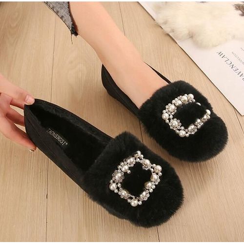 Chaussures Plates En Fourrure De Lapin Pour Femmes,Chaussures En Cristal Et Perle,Mocassins En Fourrure,Ballerines En Coton Pieds Nus,Grande Taille,Hiver 42/43