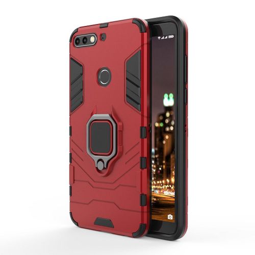 Saturcase Coque Pour Huawei Y7 2018 / Y7 Prime 2018, Bague Béquille Hybride 2 En 1 [Pc & Silicone] Double Couche Pare-Chocs Antichoc Protecteur Housse Étui Coque Pour Huawei Y7 2018 / Y7 Prime 2018 (Rouge)