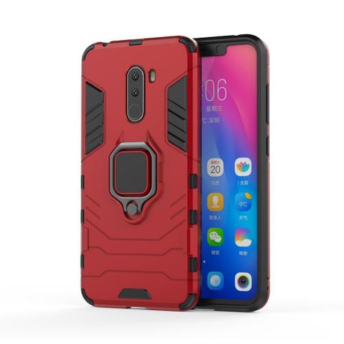 Saturcase Coque Pour Xiaomi Pocophone F1, Bague Béquille Hybride 2 En 1 [Pc & Silicone] Double Couche Pare-Chocs Antichoc Protecteur Housse Étui Coque Pour Xiaomi Pocophone F1 (Rouge)