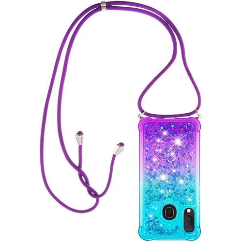 Collier Pour Samsung Galaxy A20e Silicone Coque, Glitter Liquide Filles Femmes Étui Housse, Étincelle À Bandoulière Et Cordon Collier Avec Réglable Cordon Lanière Pochette, Bleu & Violet