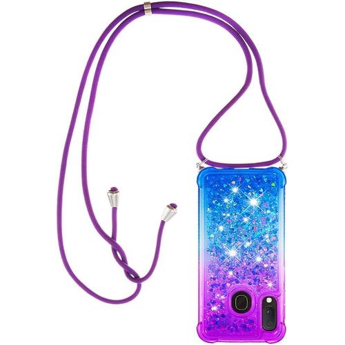 Collier Pour Samsung Galaxy A20e Silicone Coque, Glitter Liquide Filles Femmes Étui Housse, Étincelle À Bandoulière Et Cordon Collier Avec Réglable Cordon Lanière Pochette, Violet & Bleu