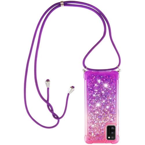 Collier Pour Samsung Galaxy A41 Silicone Coque, Glitter Liquide Filles Femmes Étui Housse, Étincelle À Bandoulière Et Cordon Collier Avec Réglable Cordon Lanière Pochette, Rose & Violet