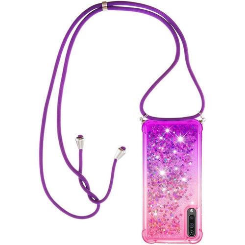 Collier Pour Samsung Galaxy A50 / A30s Silicone Coque, Glitter Liquide Filles Femmes Étui Housse, Étincelle À Bandoulière Et Cordon Collier Avec Réglable Cordon Lanière Pochette, Rose & Violet