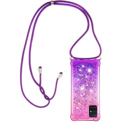 Collier Pour Samsung Galaxy A71 4g Silicone Coque, Glitter Liquide Filles Femmes Étui Housse, Étincelle À Bandoulière Et Cordon Collier Avec Réglable Cordon Lanière Pochette, Rose & Violet