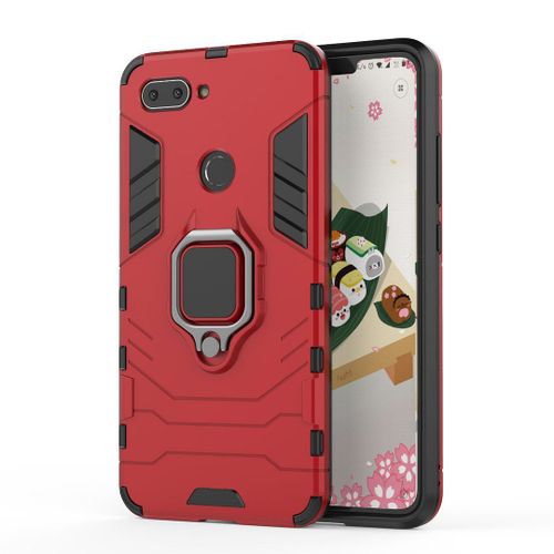 Saturcase Coque Pour Xiaomi Mi 8 Lite, Bague Béquille Hybride 2 En 1 [Pc & Silicone] Double Couche Pare-Chocs Antichoc Protecteur Housse Étui Coque Pour Xiaomi Mi 8 Lite (Rouge)