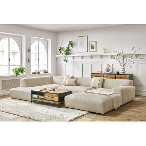 Canapé Panoramique Fixe Compact Lavena Tissu Velours Beige Angle Gauche