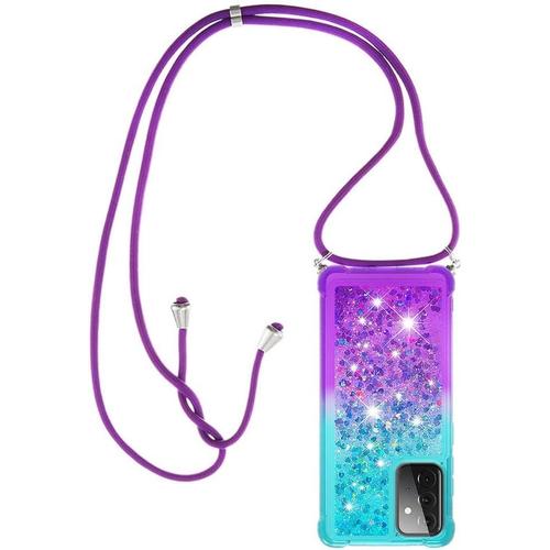 Collier Pour Samsung Galaxy A72 Silicone Coque, Glitter Liquide Filles Femmes Étui Housse, Étincelle À Bandoulière Et Cordon Collier Avec Réglable Cordon Lanière Pochette, Bleu & Violet