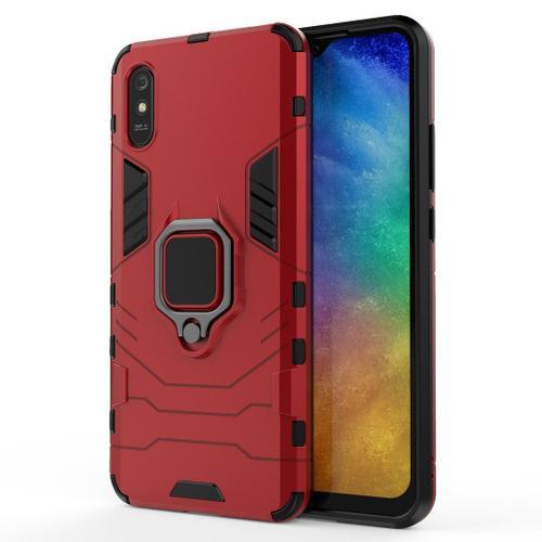 Saturcase Coque Pour Xiaomi Redmi 9a, Bague Béquille Hybride 2 En 1 [Pc & Silicone] Double Couche Pare-Chocs Antichoc Protecteur Housse Étui Coque Pour Xiaomi Redmi 9a (Rouge)