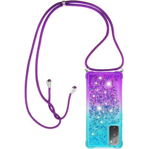 Collier Pour Samsung Galaxy S20 Fe Silicone Coque, Glitter Liquide Filles Femmes Étui Housse, Étincelle A Bandoulière Et Cordon Collier Avec Réglable Cordon Lanière Pochette, Bleu & Violet