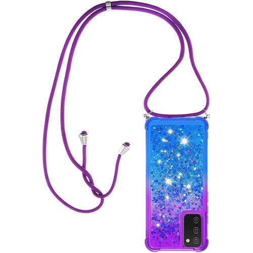 Collier Pour Samsung Galaxy A02s Silicone Coque, Glitter Liquide Filles Femmes Étui Housse, Étincelle À Bandoulière Et Cordon Collier Avec Réglable Cordon Lanière Pochette, Violet & Bleu