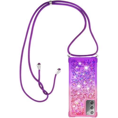 Collier Pour Samsung Galaxy Note 20 Silicone Coque, Glitter Liquide Filles Femmes Étui Housse, Étincelle À Bandoulière Et Cordon Collier Avec Réglable Cordon Lanière Pochette, Rose & Violet