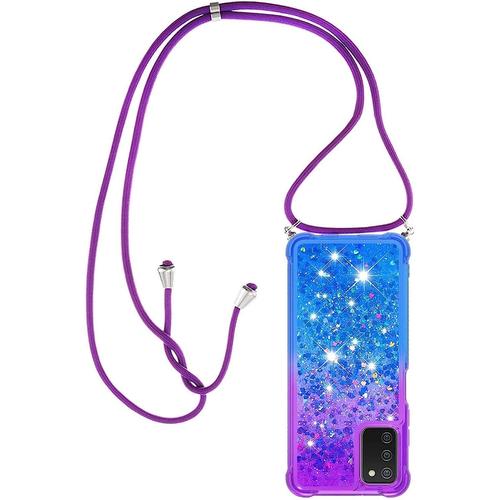 Collier Pour Samsung Galaxy A03s Silicone Coque, Glitter Liquide Filles Femmes Étui Housse, Étincelle À Bandoulière Et Cordon Collier Avec Réglable Cordon Lanière Pochette, Violet & Bleu