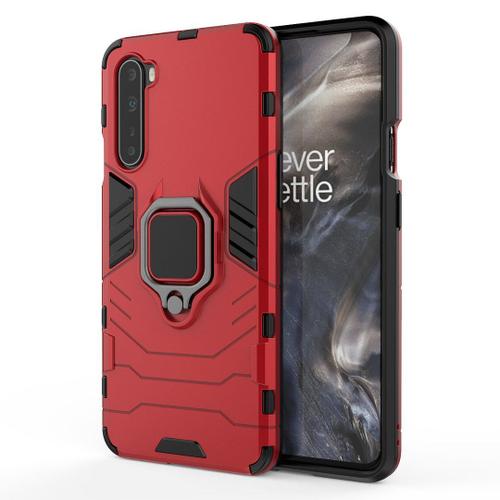 Saturcase Coque Pour Oneplus Nord, Bague Béquille Hybride 2 En 1 [Pc & Silicone] Double Couche Pare-Chocs Antichoc Protecteur Housse Étui Coque Pour Oneplus Nord (Rouge)