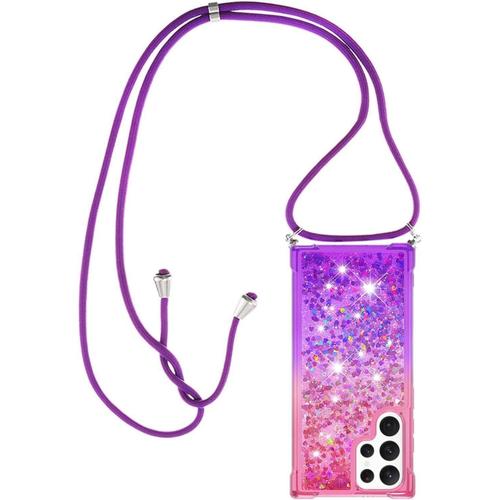 Collier Pour Samsung Galaxy S22 Ultra Silicone Coque Glitter Liquide Filles Femmes Étui Housse Étincelle À Bandoulière Et Cordon Collier Avec Réglable Cordon Lanière Pochette Rose & Violet