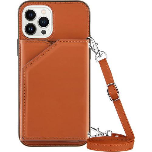 Coque Avec Cordon Pour Iphone 14 Pro Max, Pu Cuir Silicone Cover Avec Fente Pour Carte Tour De Cou Lanière, Slim Necklace Case Anti-Choc Bumper Etui Housse & Collier, Marron