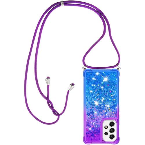 Collier Pour Samsung Galaxy A53 5g Silicone Coque, Glitter Liquide Filles Femmes Étui Housse, Étincelle À Bandoulière Et Cordon Collier Avec Réglable Cordon Lanière Pochette, Violet & Bleu