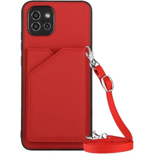 Coque Avec Cordon Pour Samsung Galaxy A03, Pu Cuir Silicone Cover Avec Fente Pour Carte Tour De Cou Lanière, Slim Necklace Case Anti-Choc Bumper Etui Housse & Collier, Rouge