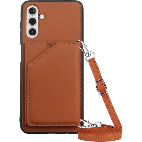 Coque Avec Cordon Pour Samsung Galaxy A13 5g / A04s, Pu Cuir Silicone Cover Avec Fente Pour Carte Tour De Cou Lanière, Slim Necklace Case Anti-Choc Bumper Etui Housse & Collier, Marron