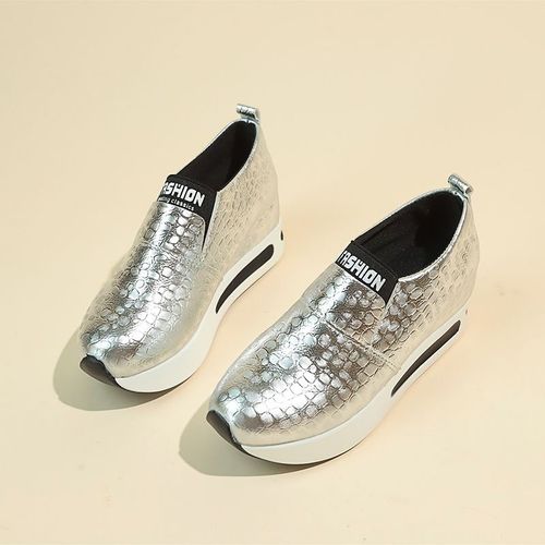 Mocassins À Plateforme En Cuir Verni Pour Femmes,Baskets Décontractées À Enfiler,Or Clair,Argent,Grande Taille 42,Printemps 2024