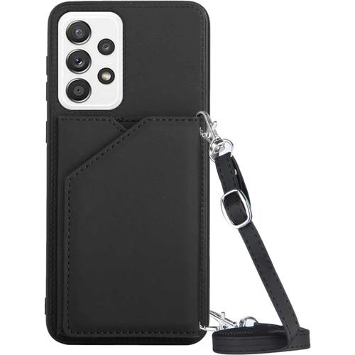 Coque Avec Cordon Pour Samsung Galaxy A53 5g, Pu Cuir Silicone Cover Avec Fente Pour Carte Tour De Cou Lanière, Slim Necklace Case Anti-Choc Bumper Etui Housse & Collier, Noir