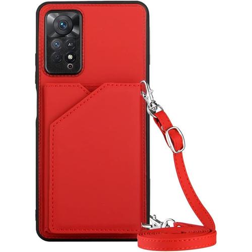 Coque Avec Cordon Pour Xiaomi Redmi Note 11 Pro 4g/5g, Pu Cuir Silicone Cover Avec Fente Pour Carte Tour De Cou Lanière, Slim Necklace Case Anti-Choc Bumper Etui Housse & Collier, Rouge