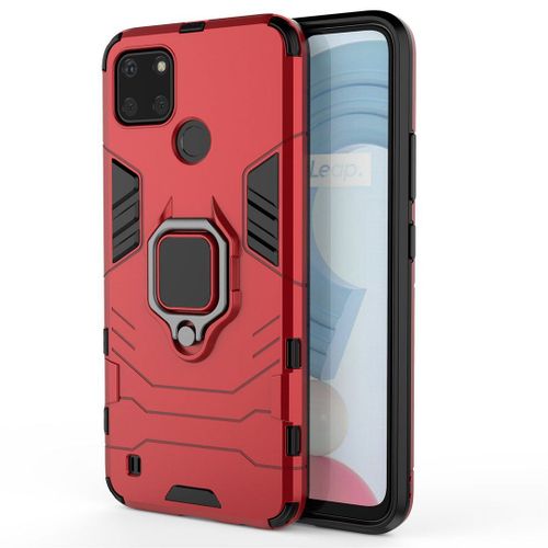 Saturcase Coque Pour Realme C21y C25y, Bague Béquille Hybride 2 En 1 [Pc & Silicone] Double Couche Pare-Chocs Antichoc Protecteur Housse Étui Coque Pour Realme C21y C25y (Rouge)