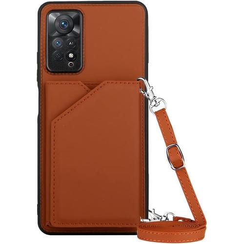 Coque Avec Cordon Pour Xiaomi Redmi Note 11 Pro 4g/5g, Pu Cuir Silicone Cover Avec Fente Pour Carte Tour De Cou Lanière, Slim Necklace Case Anti-Choc Bumper Etui Housse & Collier, Marron