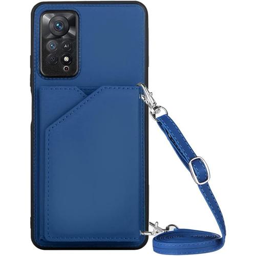 Coque Avec Cordon Pour Xiaomi Redmi Note 11 Pro 4g/5g, Pu Cuir Silicone Cover Avec Fente Pour Carte Tour De Cou Lanière, Slim Necklace Case Anti-Choc Bumper Etui Housse & Collier, Bleu