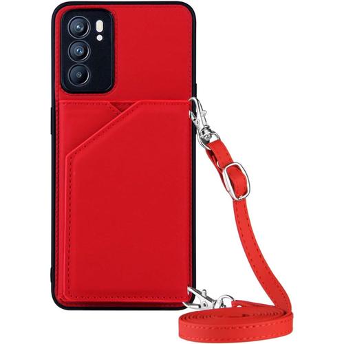 Coque Avec Cordon Pour Oppo Reno 6 5g, Pu Cuir Silicone Cover Avec Fente Pour Carte Tour De Cou Lanière, Slim Necklace Case Anti-Choc Bumper Etui Housse & Collier, Rouge